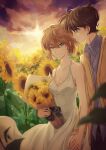  1boy 1girl bangs blue_eyes bouquet breasts brown_hair cleavage collarbone collared_shirt couple dress dress_shirt eyebrows_visible_through_hair field flower flower_field green_eyes grey_shirt hair_between_eyes halterneck hetero highres holding holding_bouquet holding_hands interlocked_fingers jacket kudou_shin&#039;ichi long_dress long_sleeves looking_at_another medium_breasts meitantei_conan miyano_shiho okuseric open_clothes open_jacket outdoors shiny shiny_hair shirt short_hair sleeveless sleeveless_dress sundress sunflower white_dress wing_collar yellow_flower yellow_jacket 
