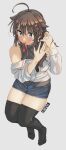  1girl ahoge artist_logo artist_name black_legwear blue_eyes blue_shorts blush braid brown_hair buttons denim denim_shorts ergot eyebrows_visible_through_hair full_body grey_background hair_between_eyes hair_flaps highres jacket kantai_collection long_hair long_sleeves mouth_hold shigure_(kancolle) shigure_kai_ni_(kancolle) shorts simple_background single_braid solo thighhighs white_jacket 