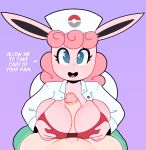  anthro big_breasts blue_eyes bra breast_play breasts clothing dialogue duo female genitals hair hi_res looking_at_viewer male male/female nintendo nurse_clothing penis pink_body pink_hair pok&eacute;mon pok&eacute;mon_(species) sex smile somescrub talking_to_viewer titfuck underwear video_games wigglytuff 