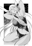  1girl animal_ears armpits arms_behind_head arms_up boku_no_hero_academia breasts eyelashes greyscale highres long_hair looking_to_the_side mirko monochrome muscular muscular_female navel nstime23 rabbit_ears revealing_clothes solo very_long_hair 