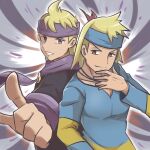  2boys black_sweater blonde_hair blue_headband blue_shirt brown_eyes closed_mouth commentary_request dual_persona hand_up headband highres jewelry long_sleeves male_focus medium_hair morty_(pokemon) multiple_boys necklace pokemon pokemon_(game) pokemon_gsc pokemon_hgss purple_eyes purple_headband purple_scarf saon101 scarf shirt smile sweater 