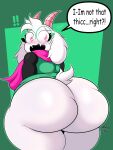  2022 absurd_res anthro big_butt blush bottomless bovid butt caprine clothed clothing deltarune dialogue english_text exclamation_point eyewear fur girly glasses hi_res huge_butt looking_at_viewer looking_back male mammal mrxrickyx ralsei solo text undertale_(series) video_games white_body white_fur 
