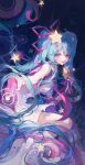  1girl absurdres blue_hair blush dress hatsune_miku highres long_hair looking_at_viewer looking_to_the_side maccha_(mochancc) magical_mirai_(vocaloid) meteor_(vocaloid) night night_sky purple_eyes sky smile star_(sky) star_(symbol) starry_sky twintails very_long_hair vocaloid wand 