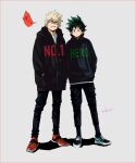  2boys bakugou_katsuki blonde_hair boku_no_hero_academia english_text freckles green_eyes green_footwear green_hair grey_background hands_in_pockets highres hood hoodie looking_at_viewer male_focus midoriya_izuku mkm_(mkm_storage) multiple_boys orange_footwear pullover red_eyes scowl shirt shoes signature simple_background sneakers speech_bubble spiked_hair white_shirt 