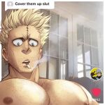  1boy artist_name bare_pectorals blonde_hair boku_no_hero_academia cigarette facial_hair grey_hair heart highres livestream meme nipples pectorals scar smoke smoking solo soynutts stubble text_focus topless topless_male twice_(boku_no_hero_academia) 