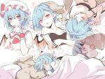  1boy 1girl asutora blue_hair blush breasts french_kiss hat hetero kiss lying_on_person mob_cap pointy_ears red_eyes remilia_scarlet short_hair small_breasts touhou under_covers 