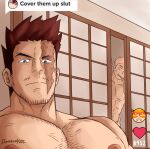  2boys absurdres bara boku_no_hero_academia character_request chest_hair cover_them_up_slut_(meme) endeavor_(boku_no_hero_academia) facial_hair highres indoors leotordo_(leotordoart) looking_at_viewer male_focus mature_male meme multiple_boys muscular muscular_male red_hair scar scar_across_eye short_hair sideburns solo_focus spiked_hair stubble upper_body 