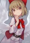  1girl angel_wings belt blonde_hair bow bowtie breasts brown_belt brown_vest buttons closed_mouth collared_shirt commentary_request contrapposto dutch_angle feathered_wings gengetsu_(touhou) grey_background hair_bow hand_on_own_chin highres looking_at_viewer open_clothes open_vest razuzyamu red_bow red_bowtie shirt short_hair skirt small_breasts touhou touhou_(pc-98) vest white_shirt white_skirt white_wings wings yellow_eyes 