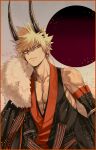  1boy abs bakugou_katsuki blonde_hair boku_no_hero_academia border collarbone earrings eyebrows_visible_through_hair glowing glowing_eyes highres horns japanese_clothes japanese_flag jewelry male_focus mkm_(mkm_storage) pectorals pointy_ears red_border red_eyes signature solo sparkle spiked_hair toned toned_male 