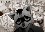  anthro araizumi_funaka bleak_ambiance bodily_fluids dark_ishihara ears_down gloom_(disambiguation) hi_res litter male mammal pivoted_ears procyonid raccoon solo trash vomit 