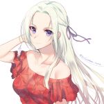  1girl awayuki_ramika bracelet braid closed_mouth collarbone edelgard_von_hresvelg fire_emblem fire_emblem:_three_houses floating_hair hair_intakes hair_ribbon hand_in_hair jewelry long_hair off-shoulder_shirt off_shoulder print_shirt purple_eyes purple_ribbon red_shirt ribbon shirt short_sleeves silver_hair simple_background smile solo twitter_username upper_body very_long_hair white_background 