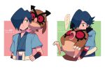 1boy bangs black_wristband blue_hair blue_jacket blue_kimono closed_mouth commentary_request falkner_(pokemon) hair_over_one_eye hand_on_hip highres holding holding_pokemon hoothoot jacket japanese_clothes kimono male_focus multiple_views on_shoulder open_clothes open_jacket pokemon pokemon_(creature) pokemon_(game) pokemon_gsc pokemon_on_shoulder sash short_hair short_sleeves sleeping smile translation_request tyako_089 wristband zzz 