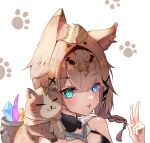  1girl :d animal_ears bangs bare_shoulders blue_eyes braid brown_hair cat cat_ears cat_girl crystal gem green_eyes heterochromia highres honkai_(series) honkai_impact_3rd looking_at_viewer medium_hair open_mouth pardofelis_(honkai_impact) paw_print paw_print_background smile solo v white_background yuan_zhen_(user_pnhx4422) 