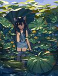  1girl :o animal_ear_fluff animal_ears bare_shoulders black_hair blue_shirt blush cat_ears collarbone commentary_request cowboy_shot day eyebrows_behind_hair green_eyes highres holding kgt_(pixiv12957613) long_bangs long_hair open_mouth original plant refraction shirt sleeveless solo sunlight thighs wetland 