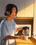  1boy arm_tattoo bangs black_hair coffee_pot cup english_commentary hair_behind_ear hair_bun highres holding holding_cup jewelry keshi_(singer) looking_down male_focus messy_hair mug necklace parted_bangs pouring real_life sam_yang solo sunlight tattoo 
