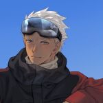  1boy archer_(fate) black_jacket close-up dark-skinned_male dark_skin face fate/grand_order fate/stay_night fate_(series) goggles goggles_on_head grey_eyes jacket male_focus mondi_hl multicolored_clothes multicolored_jacket red_jacket reflection smile smirk solo spiked_hair twitter_username two-tone_jacket white_hair 