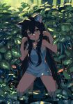  1girl :o animal_ear_fluff animal_ears bangs bare_arms bare_shoulders barefoot black_hair blush cat_ears collarbone commentary_request dress eyebrows_behind_hair green_eyes hair_between_eyes hands_up head_tilt highres kgt_(pixiv12957613) kneeling leaf long_hair original parted_lips paw_pose shallow_water sleeveless sleeveless_dress solo very_long_hair water wet wet_hair white_dress 