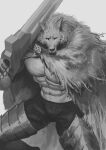  2022 abs absurd_res anthro armor barazoku big_muscles blaidd_(elden_ring) bottomwear bulge canid canine canis cape clothed clothing earthist elden_ring fromsoftware fur gauntlets gloves grey_background greyscale handwear hi_res holding_object holding_sword holding_weapon huge_muscles looking_at_viewer male mammal melee_weapon monochrome muscular muscular_anthro muscular_male navel pants pecs scar simple_background solo standing sword teeth topless topless_anthro topless_male tuft unconvincing_armor video_games weapon wolf 