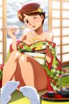  1girl accident bangs between_breasts blush breasts brown_eyes brown_hair chopsticks cleavage eyebrows_visible_through_hair floral_print flower food hair_flower hair_ornament holding holding_chopsticks holding_food japanese_clothes kimono knees_up large_breasts long_sleeves non-web_source off_shoulder official_art open_mouth photoshop_(medium) shiny shiny_skin short_hair sitting solo star_(symbol) star_print super_real_mahjong tabi tanaka_ryou toono_mizuki wince 