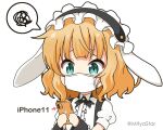  1girl animal_ears arrow_(symbol) black_hairband blonde_hair cellphone center_frills chibi commentary_request fake_animal_ears fleur_de_lapin_uniform floppy_ears frilled_hairband frills gochuumon_wa_usagi_desu_ka? green_eyes hairband hands_up holding holding_phone iphone_11 kirima_syaro mitya phone puffy_short_sleeves puffy_sleeves rabbit_ears shirt short_sleeves simple_background smartphone solo spoken_squiggle squiggle suspenders twitter_username uniform upper_body waitress white_background white_shirt wrist_cuffs 