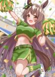 alternate_costume belt blurry blurry_background blush breasts brown_hair commentary_request confetti crouching_start hair_ornament highres horse_girl leg_up looking_at_viewer medium_breasts midriff navel open_mouth pom_pom_(cheerleading) satono_diamond_(umamusume) stage umamusume 