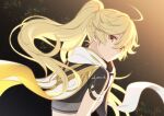  1boy aether_(genshin_impact) ahoge ar_(rikuesuto) bangs blonde_hair blush braid earrings eyebrows_visible_through_hair genshin_impact gloves hair_between_eyes hair_ornament jewelry long_hair long_sleeves ponytail simple_background yellow_eyes 