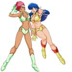  2girls armlet arms_up bangs blue_eyes blue_hair boots bracelet breasts cleavage cropped_jacket dark-skinned_female dark_skin dirty_pair earrings full_body gloves headband jewelry kei_(dirty_pair) long_hair looking_at_viewer medium_breasts multiple_girls navel non-web_source official_art open_mouth outstretched_arm photoshop_(medium) red_eyes red_hair short_hair simple_background single_glove sleeveless sleeveless_jacket white_background yuri_(dirty_pair) 