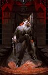  1boy absurdres batarang batman_(series) black_vest bookshelf bruce_wayne closed_mouth dc_comics formal full_body godsstation highres holding indoors male_focus necktie pants shadow shirt sitting solo suit the_batman_(2022) throne vest white_shirt 