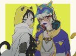  2girls apex_legends bangs black_hair blue_eyes blue_headwear cat_ear_headphones cat_tail headphones jacket looking_to_the_side multicolored_clothes multicolored_jacket multiple_girls official_alternate_costume parted_lips purple_jacket purple_lips scar scar_on_cheek scar_on_face scarf short_hair si_yu_anle smile sunglasses tail thunder_kitty_wattson visor_cap void_prowler_wraith wattson_(apex_legends) white_scarf wraith_(apex_legends) yellow_jacket 