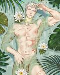  1boy abs artist_name biceps commission flower highres jouvru looking_at_viewer lotus male_focus muscular muscular_male navel nipples no_pants original pectorals plant scar scar_on_arm scar_on_chest scar_on_stomach solo topless topless_male water wetland white_hair yellow_eyes 