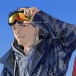  1boy blue_hair close-up cu_chulainn_(fate) cu_chulainn_(fate/stay_night) earrings face fate/grand_order fate/stay_night fate_(series) goggles goggles_on_head holding holding_goggles jewelry male_focus mondi_hl ponytail red_eyes solo spiked_hair twitter_username 