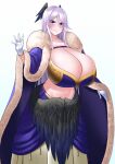  1girl bird_wings black_feathers black_wings blue_cape blue_eyes breasts cape cleavage efreet fallen_angel feathered_wings fur-trimmed_cape fur_trim head_wings highres huge_breasts long_hair low_wings mole mole_under_mouth monster_girl navel original smile solo white_hair wings 