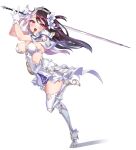  1girl absurdres blush breasts brown_hair cleavage dress flower grey_flower hair_flower hair_ornament hakkaku_shikimi head_tilt high_heels highres holding holding_sword holding_weapon large_breasts looking_to_the_side multicolored_hair nijisanji official_alternate_costume open_mouth pink_eyes pink_hair running shadow smile solo streaked_hair sword thighhighs two_side_up weapon white_background white_dress white_footwear white_hair white_legwear yorumi_rena 