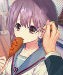  1boy 1girl bangs blazer blue_sailor_collar brown_eyes commentary_request corn_dog eating eyebrows_visible_through_hair food green_jacket highres holding holding_food itsuyuki575 jacket kita_high_school_uniform koizumi_itsuki long_sleeves looking_at_viewer nagato_yuki out_of_frame pov purple_hair sailor_collar school_uniform serafuku shirt short_hair solo_focus suzumiya_haruhi_no_yuuutsu white_shirt 