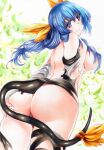  1girl absurdres ass blue_hair bow breasts dizzy_(guilty_gear) from_behind guilty_gear hair_bow highres large_breasts long_hair looking_at_viewer red_eyes rozarin solo tail topless traditional_media 