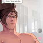  1boy artist_name bara brown_eyes brown_hair cover_them_up_slut_(meme) facial_hair heart highres large_pectorals league_of_legends long_hair looking_at_viewer male_focus meme muscular muscular_male nipples pectorals ponytail punbun_4fun scar solo stubble topless topless_male yasuo_(league_of_legends) 