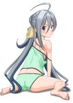  1girl ahoge ass camisole commentary_request from_behind full_body green_camisole green_panties grey_eyes grey_hair hair_between_eyes hair_bun highres kantai_collection kiyoshimo_(kancolle) looking_at_viewer looking_back low_twintails o3o panties polka_dot polka_dot_camisole polka_dot_panties pout simple_background sitting solo strap_slip t2r twintails underwear wariza white_background 