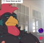  2022 ? anthro avian_caruncle black_body comb_(anatomy) cover_them_up_slut dewlap_(anatomy) digital_drawing_(artwork) digital_media_(artwork) english_text head_crest hi_res instagram male meme multicolored_body muscular nipple_barbell nipple_piercing nipples padzyan pecs piercing shirtless solo text wattle 