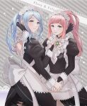  2girls absurdres apron bangs black_dress blue_hair bridal_gauntlets character_name dress eyebrows_visible_through_hair felicia_(fire_emblem) fire_emblem fire_emblem_fates flora_(fire_emblem) highres holding_hands juliet_sleeves long_hair long_sleeves looking_at_viewer maid maid_apron maid_headdress multiple_girls pink_hair ponytail puffy_sleeves siblings sisters smile soba_rkgk twins twintails 