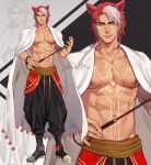  1boy abs animal_ears artist_name bara belt blue_eyes coat extra_ears jouvru male_focus muscular muscular_male navel nipples original pants pectorals pointy_ears red_hair scar scar_on_arm shoes smile solo stick tattoo topless topless_male 