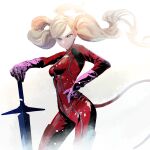  1girl blonde_hair blue_eyes bodysuit breasts catsuit ffffcoffee full-length_zipper gloves long_hair medium_breasts no_mask persona persona_5 pink_gloves planted planted_sword red_bodysuit serious sword takamaki_anne twintails weapon white_background zipper 