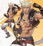  1boy abs animal_ears artist_name bara bracelet commission fang final_fantasy final_fantasy_xiv gauntlets gloves jacket jewelry jouvru looking_at_viewer male_focus muscular muscular_male navel necklace nipples original pectorals red_eyes shoes shorts smile solo tail tattoo white_hair 