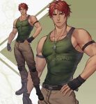 1boy abs armband artist_name bara belt biceps boots gloves jewelry jouvru looking_at_viewer male_focus muscular muscular_male necklace original pants pectorals red_hair solo tank_top yellow_eyes 