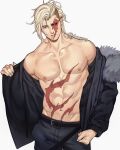  1boy abs artist_name assault_rifle bara belt blue_eyes cigarette commission fn_scar gun highres jacket jouvru male_focus muscular muscular_male nipples original pants pectorals rifle scar scar_across_eye scar_on_face scar_on_stomach solo topless topless_male weapon white_hair 