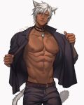  1boy abs animal_ears artist_name belt cat_ears cat_tail ear_piercing highres jacket jewelry jouvru looking_at_viewer male_focus muscular muscular_male navel necklace nipples open_clothes open_jacket original panties pants pectorals piercing slit_pupils solo tail underwear white_hair 