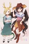  2girls :q antlers bangs bare_shoulders black_footwear black_hair black_wings blonde_hair blue_shirt blue_skirt blush boots breasts brown_eyes brown_footwear brown_skirt closed_mouth commentary_request cowboy_hat crossed_arms dragon_horns dragon_tail eyebrows_visible_through_hair feathered_wings full_body hand_on_hip hat highres horns horse_tail kicchou_yachie kurokoma_saki long_hair looking_at_viewer looking_to_the_side mary_janes mozukuzu_(manukedori) multiple_girls night off-shoulder_shirt off_shoulder pegasus_wings plaid plaid_skirt scarf shirt shoes short_hair skirt small_breasts standing swept_bangs tail tongue tongue_out touhou turtle_shell white_legwear wily_beast_and_weakest_creature wings 