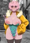  1girl absurdres areolae ashido_mina boku_no_hero_academia breasts colored_skin curvy highres horns jacket large_breasts looking_at_viewer minakami_(flyingman555) nipples outdoors pink_hair pink_skin smile solo thick_thighs thighhighs thighs v 