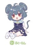  1girl :d ahoge animal_ear_fluff animal_ears arm_support bangs bare_legs blush capelet chibi commentary_request cookie_(touhou) dot_nose dress eyebrows_visible_through_hair eyes_visible_through_hair full_body gem grey_dress grey_hair hair_between_eyes jewelry legs_together long_sleeves looking_at_viewer mouse_ears mouse_tail nazrin necklace no_shoes nyon_(cookie) open_mouth pendant red_eyes short_hair simple_background sitting smile socks solo tail tareme touhou translation_request tsuzuchii white_background white_legwear white_sleeves 