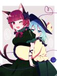  2girls ;3 ;d absurdres animal_ear_fluff animal_ears aqua_eyes aqua_hair bangs blunt_bangs blush braid breasts cat_ears cat_tail cowboy_shot dress extra_ears eyebrows_visible_through_hair green_dress green_skirt hat heart heart_of_string highres jitome kaenbyou_rin komeiji_koishi large_breasts looking_at_another medium_hair multiple_girls multiple_tails nekomata one_eye_closed pointy_ears red_eyes shirt simple_background skirt smile tail touhou twin_braids twintails two_tails v-shaped_eyebrows yellow_shirt you_(noanoamoemoe) yuri 