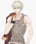  1boy artist_name biceps gloves jacket jacket_on_shoulders jewelry jouvru looking_to_the_side male_focus muscular navel necklace original pectorals tank_top white_hair yellow_eyes 
